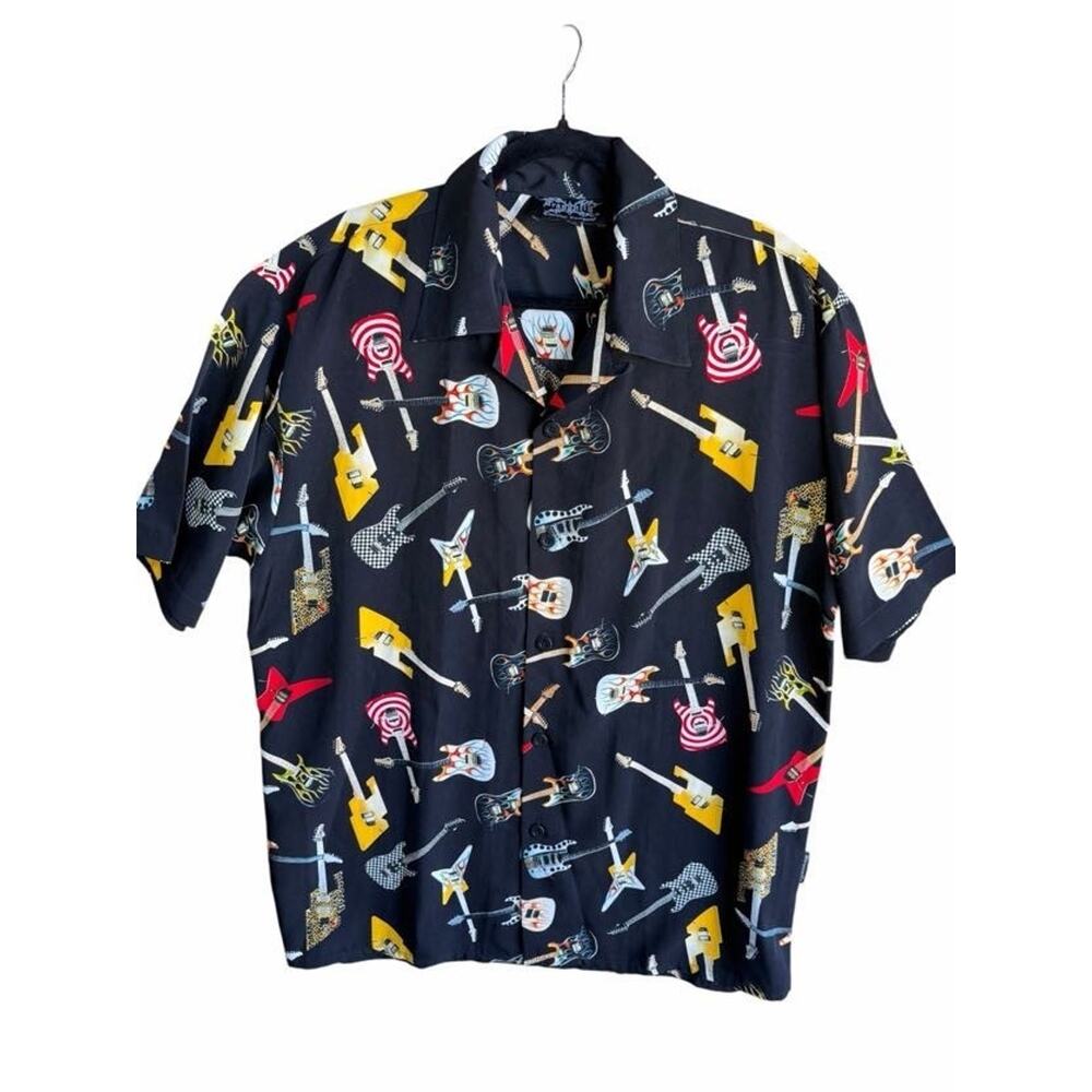 Vintage Dragonfly Guitar Print Shirt Mens L Black Rock Music Print Button Up